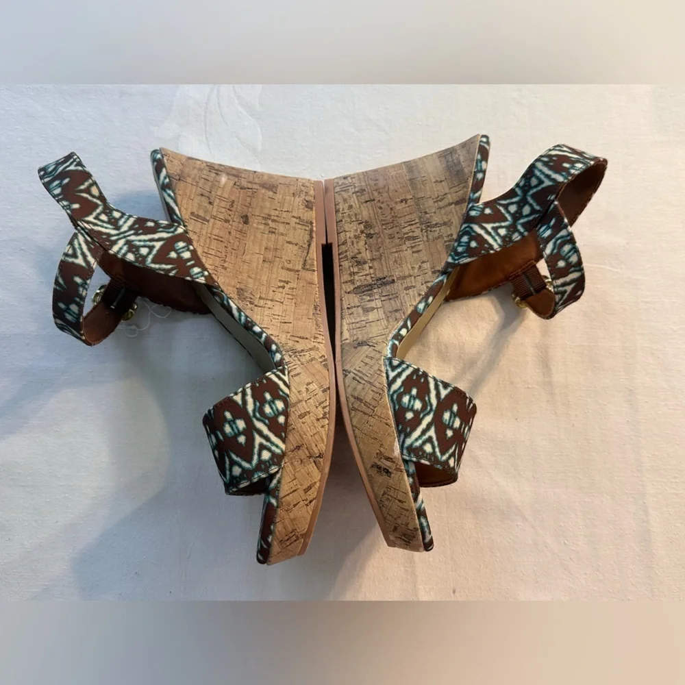 Christian Siriano Blue & Brown Ikat Cork Wedges Size 11 Boho Eclectic Classic